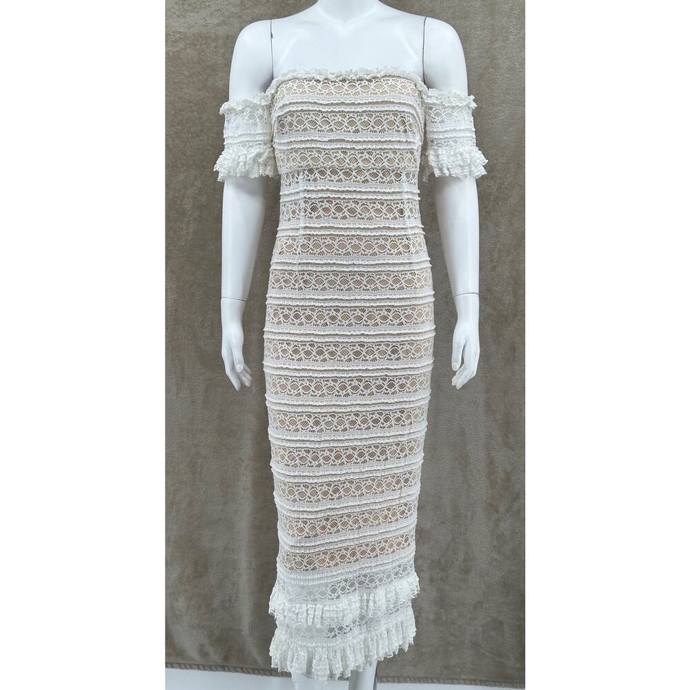 Likely Dress‎ Womens 4 Ivory Milaro Off the Shoulder Lace Midi Ruffle Boho Party